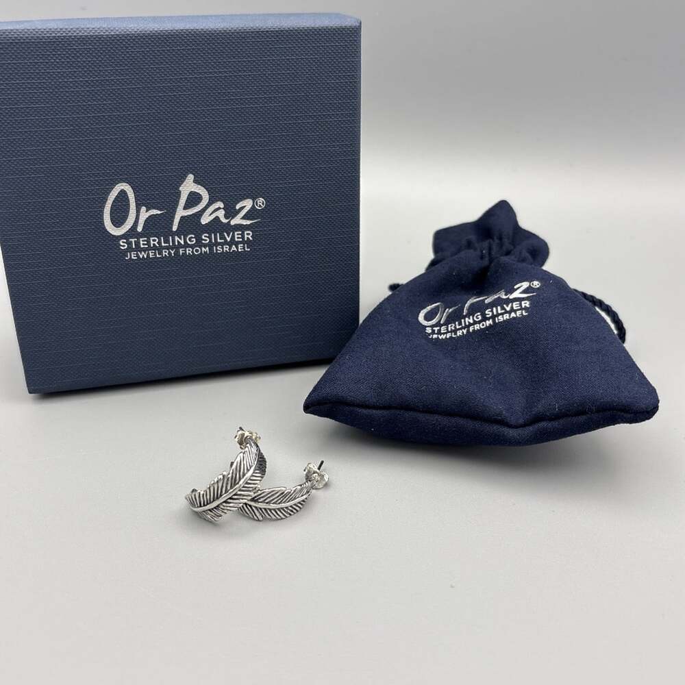 Or Paz Sterling Silver 925 Jewelry From Israel Half Hoop Feather Leaf Earrings